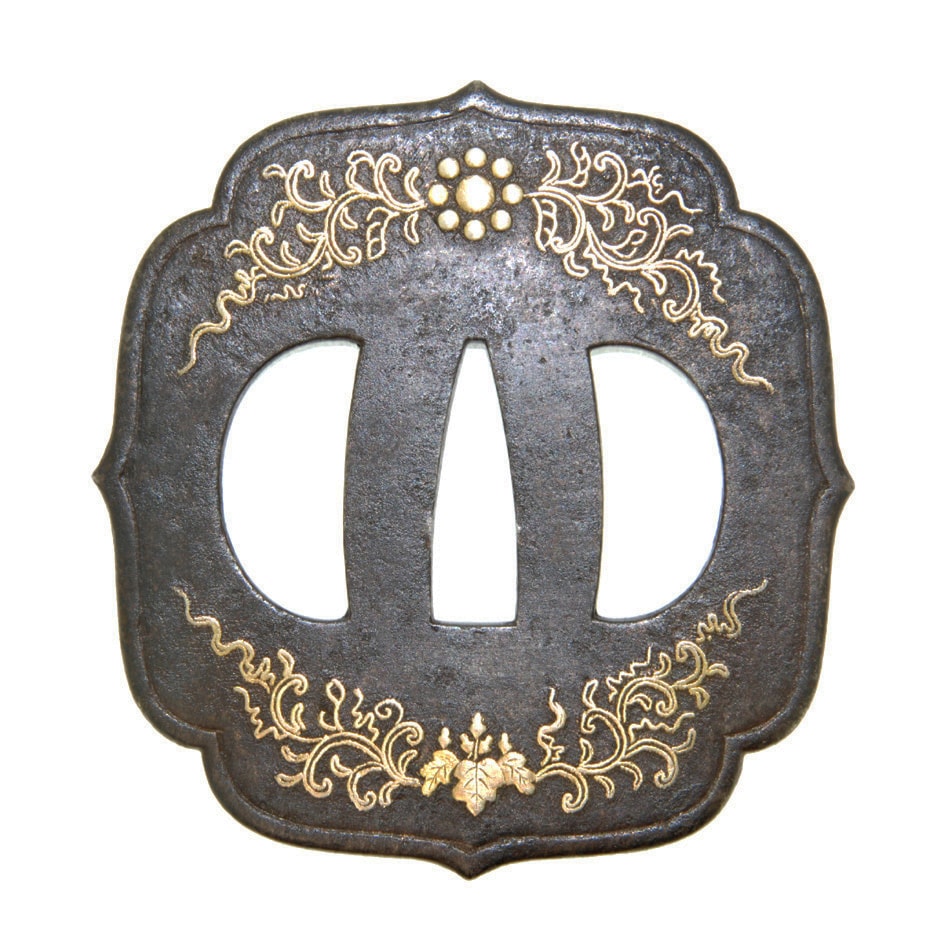 Tsuba [Tachitsuba Karakusa-ni-Kiri-Kuyomon-Zogan Tsuba] - Photo 3