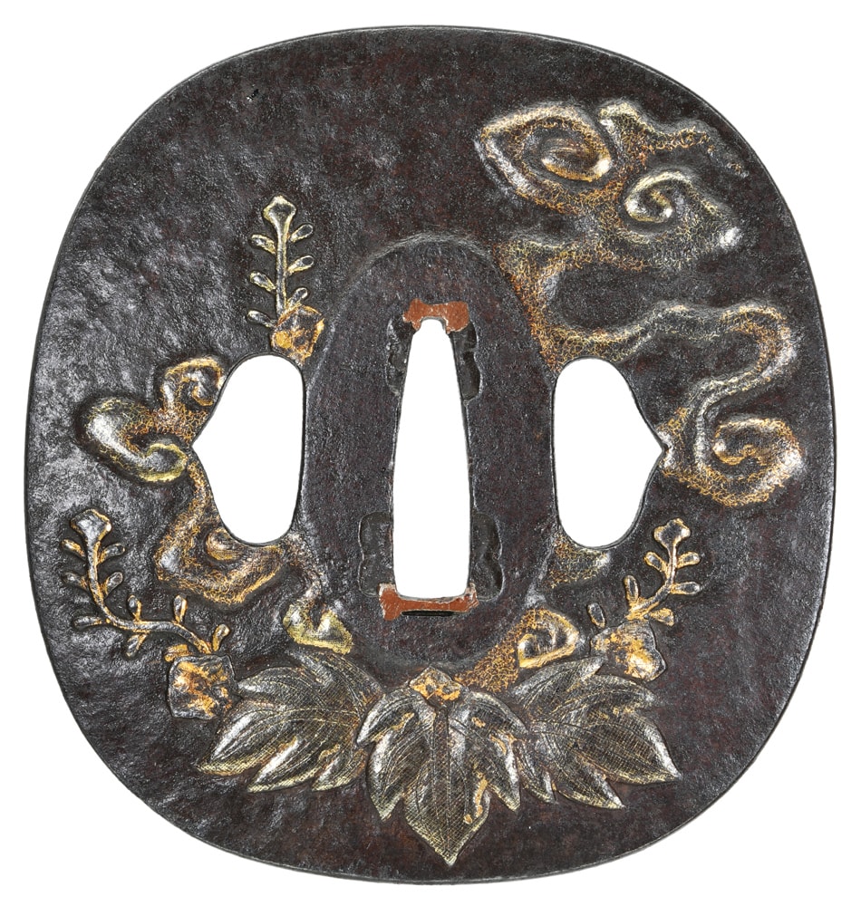Tsuba [Mumei Kumagaya-ha Zuiun-hanakiri-zu-Tsuba][N.B.T.H.K] Tokubetsu Hozon Tousogu - Photo 2