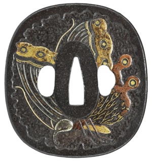 Tsuba [Mumei Toryusai-ha Agehacho-Kachimushi-zu Tsuba][N.B.T.H.K]Tokubetsu Hozon Tousougu