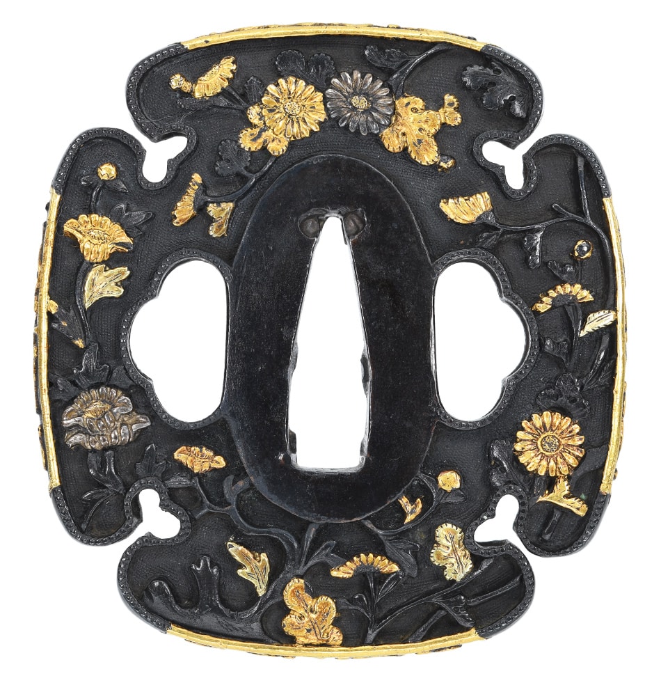 Tsuba [Mumei Ko-mino Kiku-botan-zu-Tsuba][N.B.T.H.K] Tokubetsu Hozon Tosogu - Photo 3