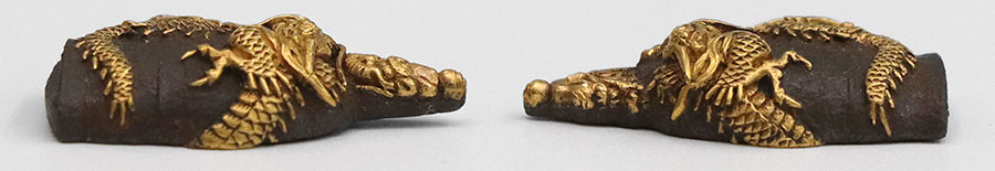 e-17 大小縁頭 鉄元堂正楽（金印）敏行 雨乞図（日本刀大鑑所載）・目貫 短冊銘鉄元堂正楽（印）敏行 道成寺図 鉄地金象嵌（特別保存刀装具） - Photo 23