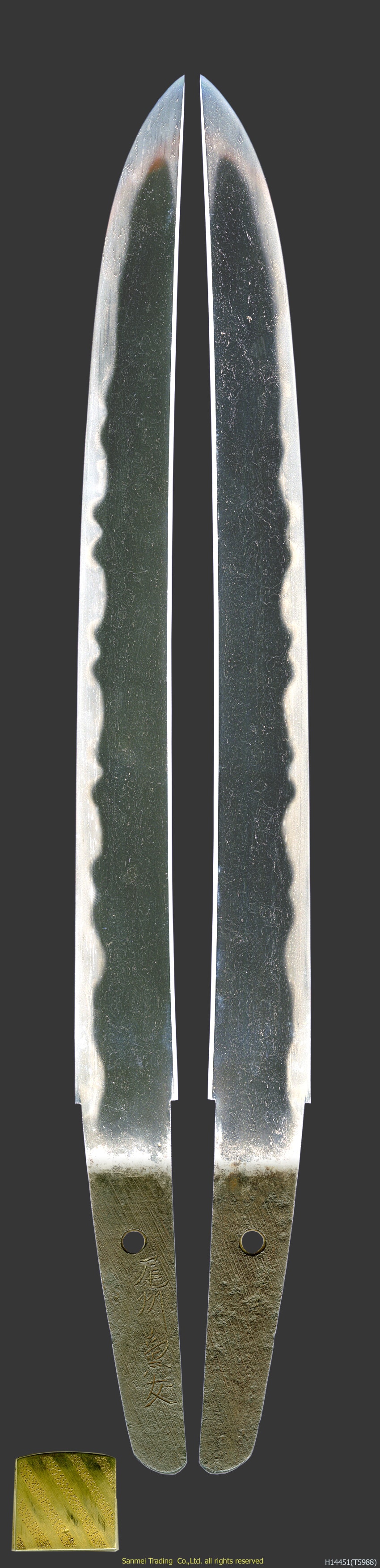 Tanto signed Bishū KANETOMO with) Brown wrinkled-leather–lacquered scabbard Koshirae mounting - Photo 3