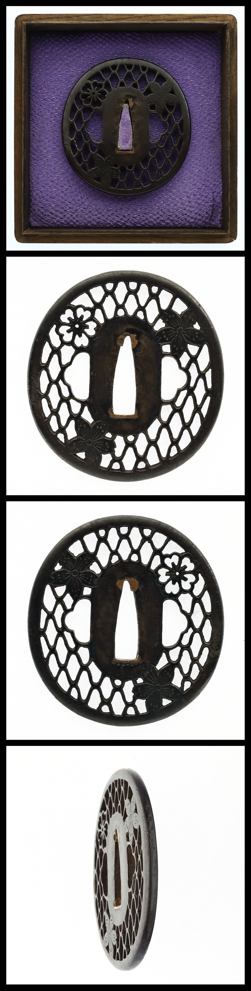 Tsuba: Mumei (Unsigned):Flowers and Net Design