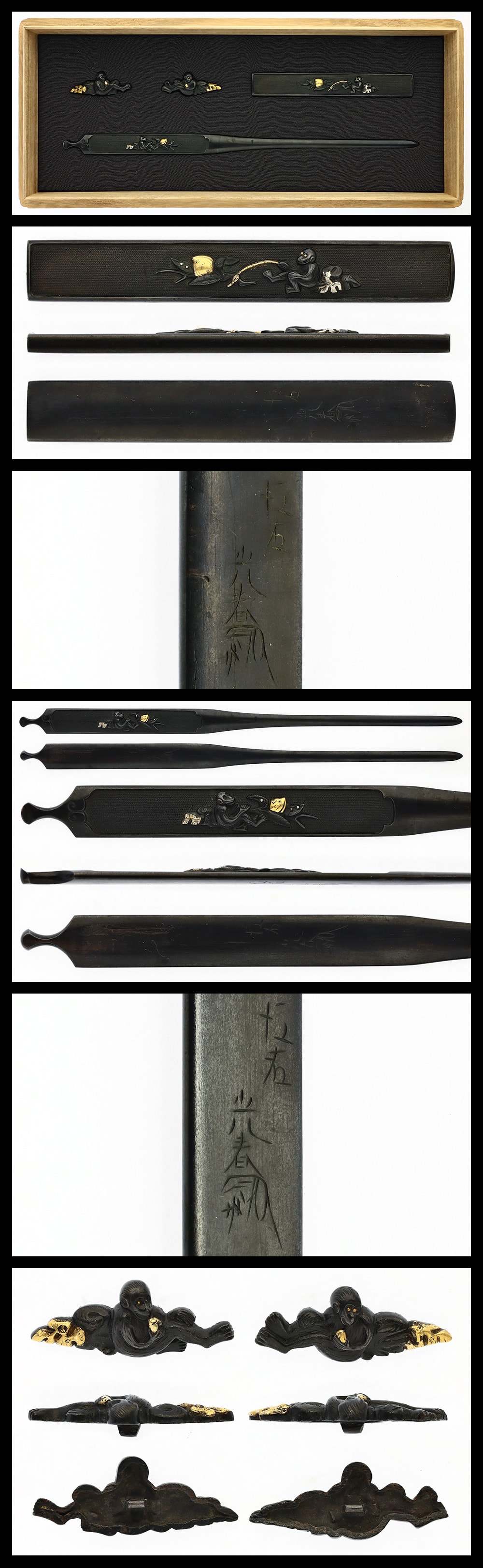 Set of Tosogu:Mitsuharu(Kao)(Kogai, Kozuka, Menuki)(NBTHK Hozon Tosogu)