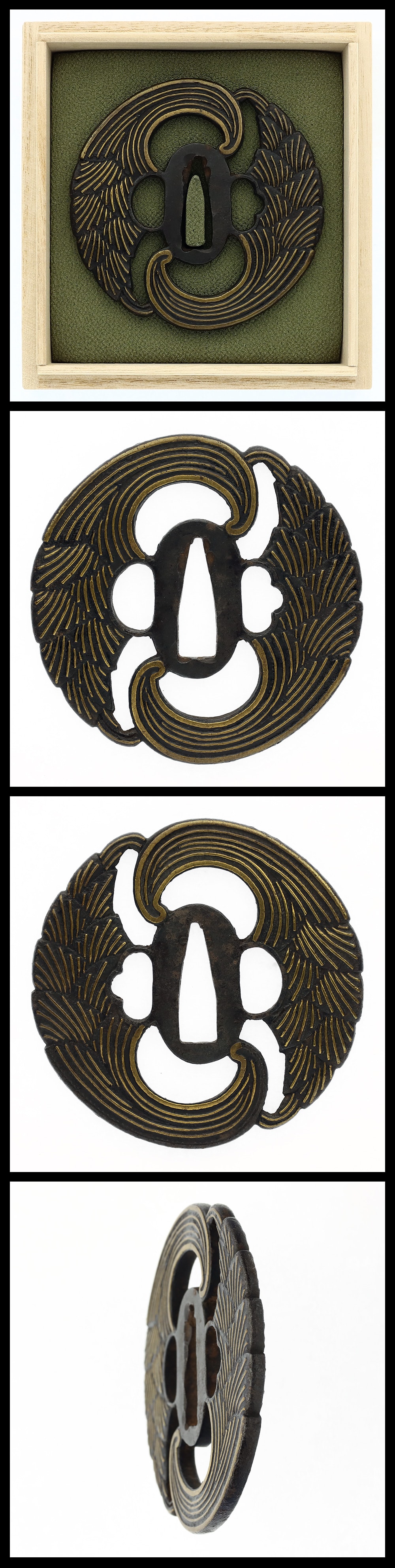 Tsuba: Unsigned (Heianjo):Interlocking Myoga Crest Openwork