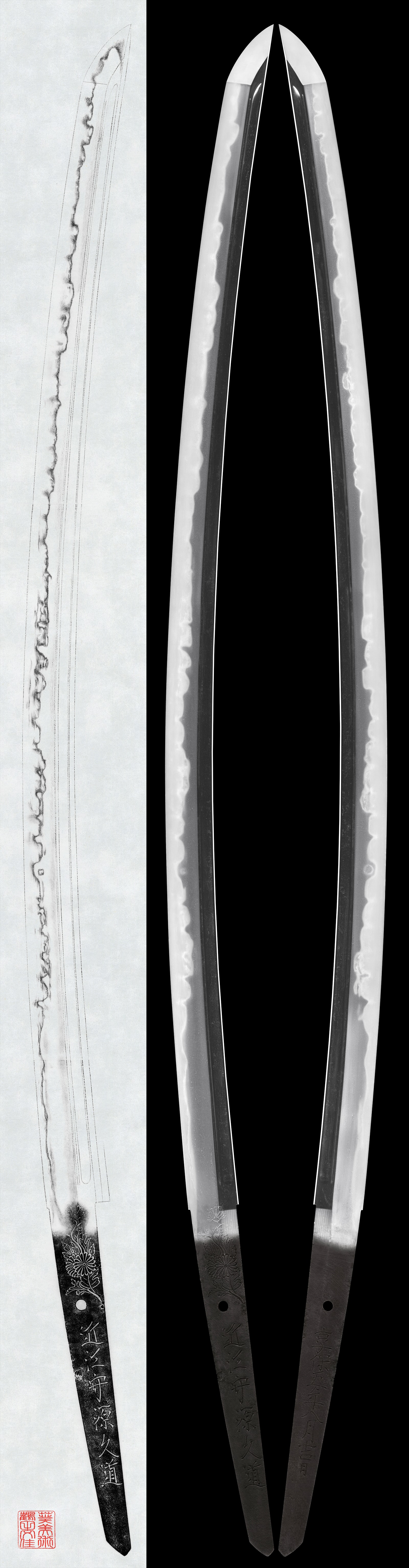 Katana:(Kiku crest with branch) Omi no Kami Minamoto Hisamichi (2nd generation) A lucky day in August, 1720 (NBTHK Hozon Token)