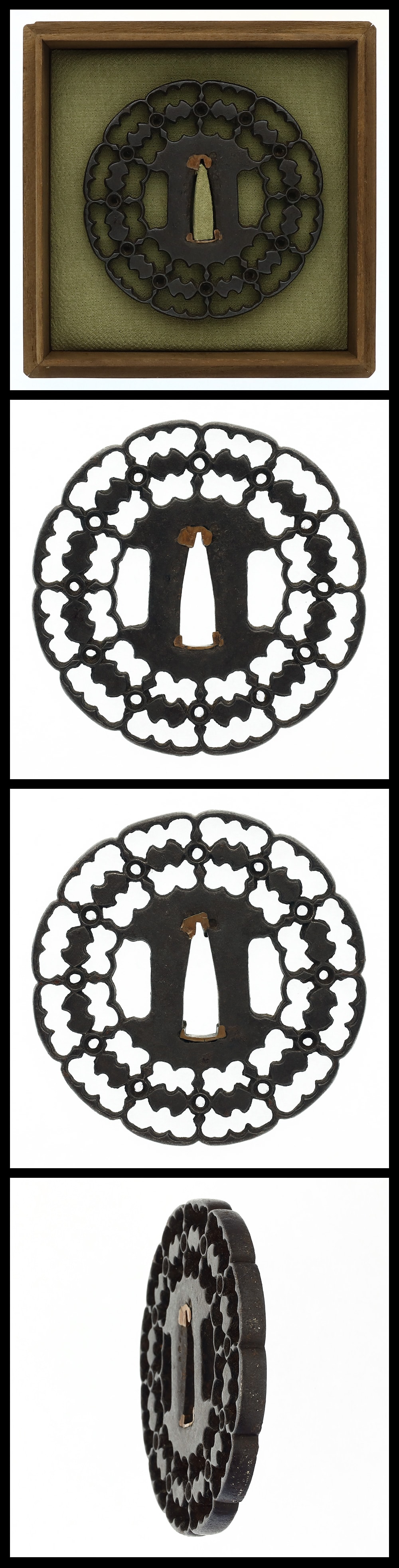 Tsuba:Unsigned (Kyō-sukashi): Openwork Design of Linked Weights (NBTHK Hozon Tosogu Certificate)