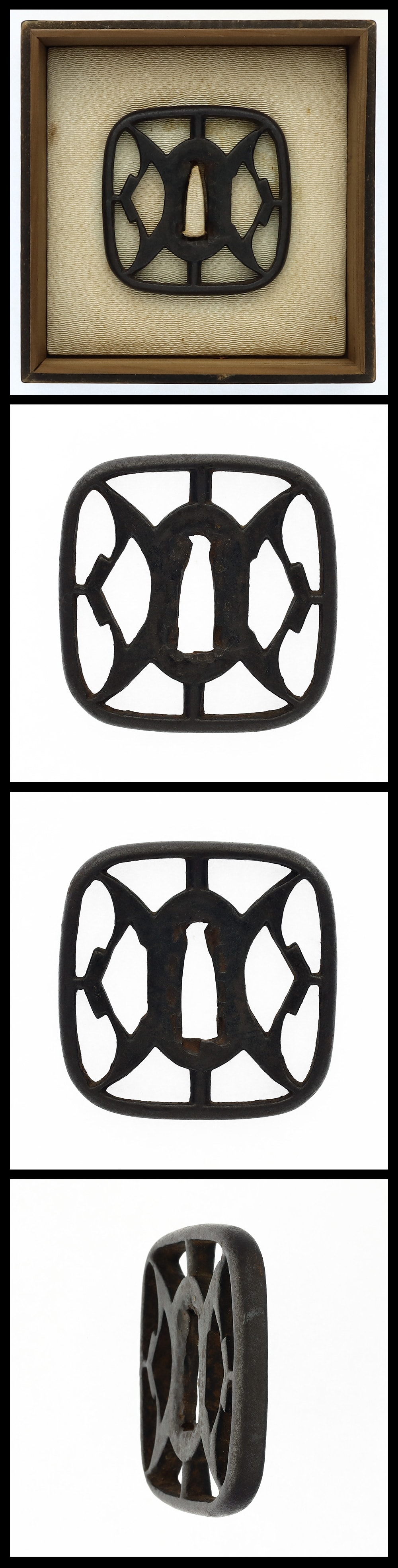 Tsuba: Openwork of Asymmetrical Diamond Crests Mumei (Unsigned) (Attributed to the Kanayama School) (NBTHK Hozon Tosogu)