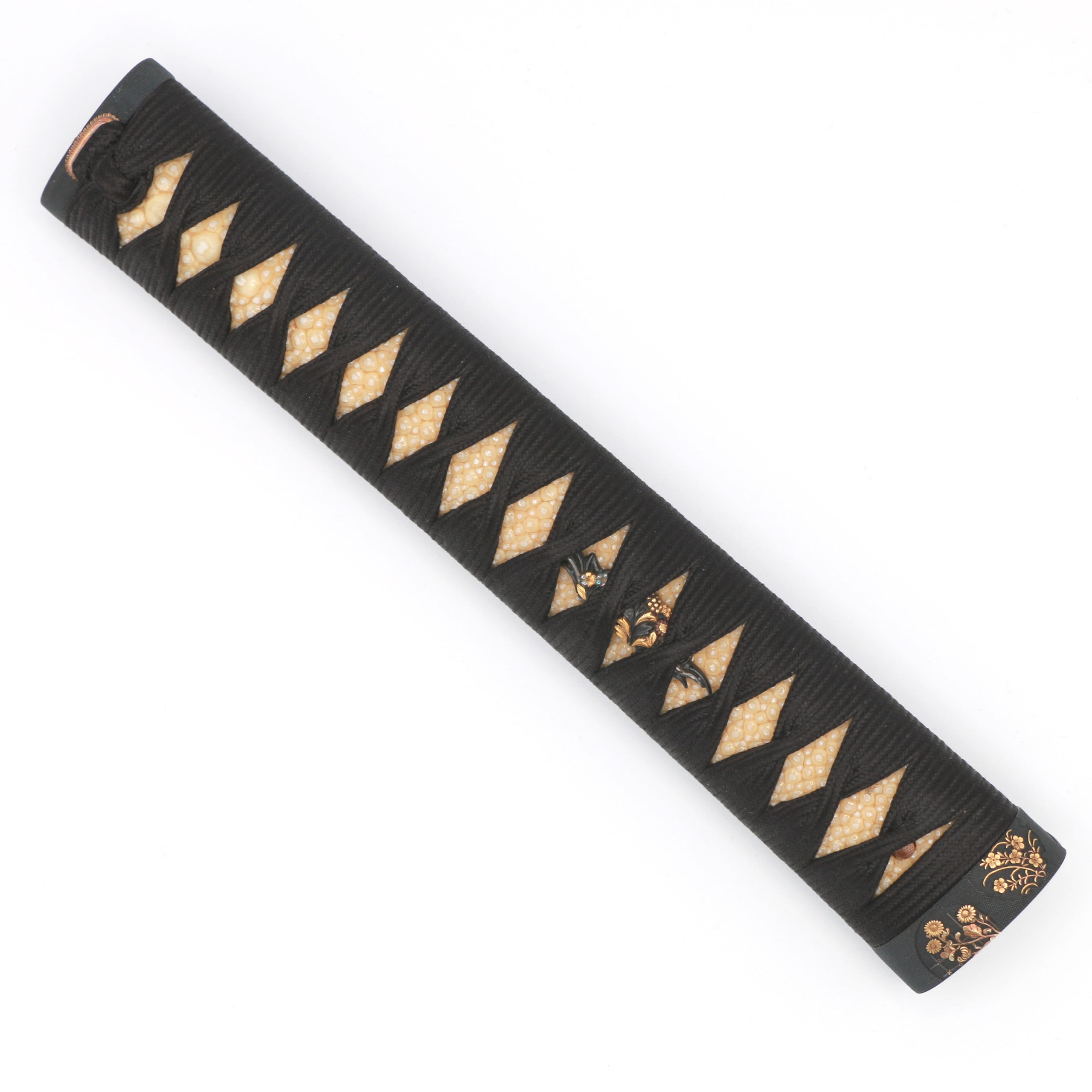 Koshirae - by Yanagawa Naomitsu - Tsuka (Handle): Shakudo Nanako Ground with Flower and Grass Design