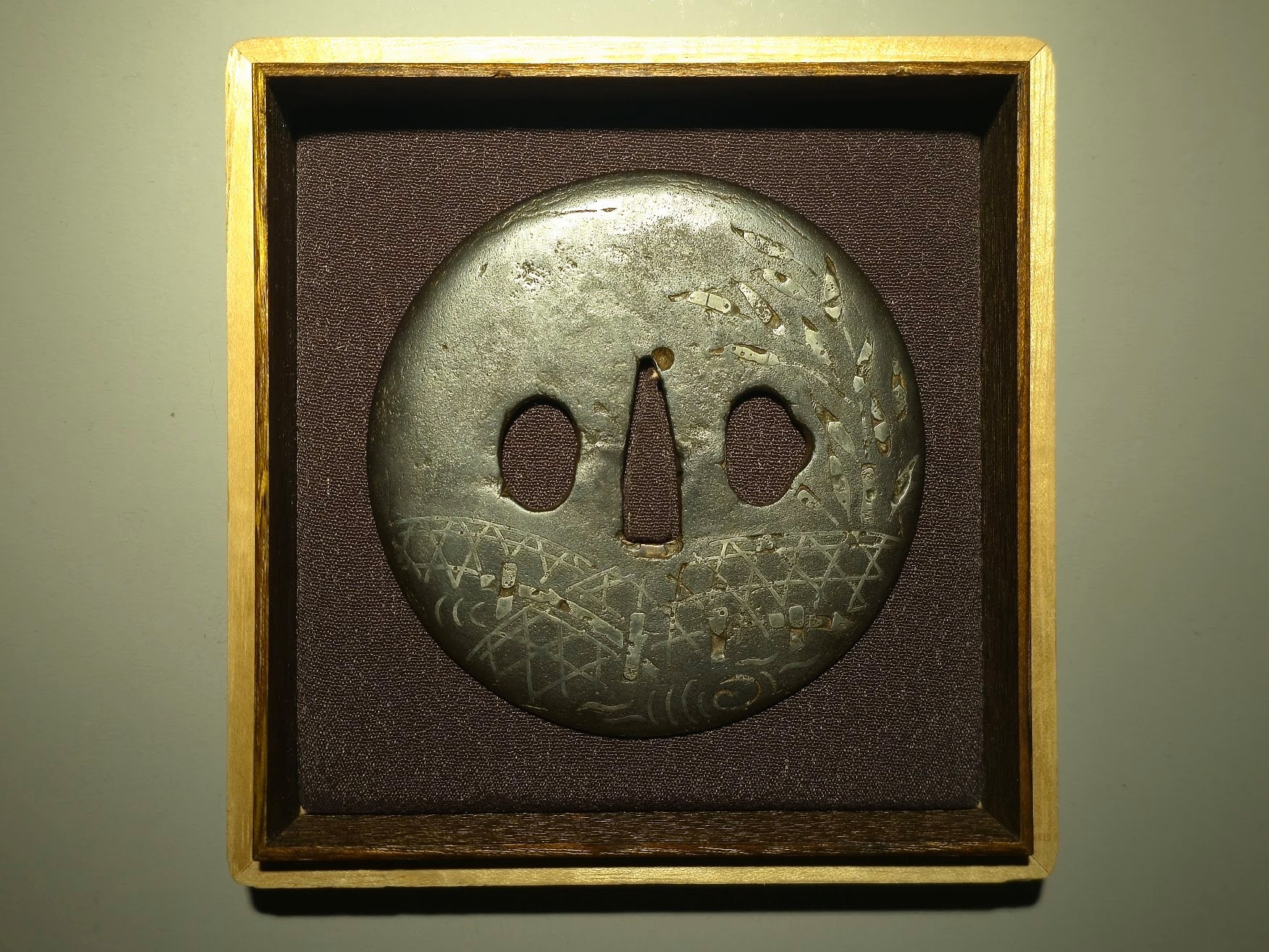 Hazama school Tsuba with Chrysanthemum, Bambooo bridge over water