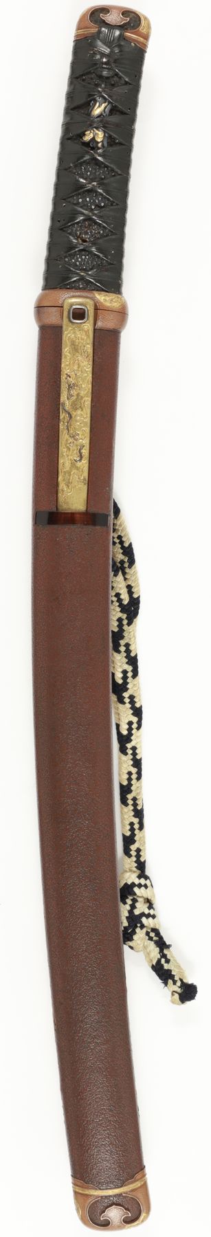 Koshirae - 霊獣文揃金具茶石目地塗鞘合口脇差拵