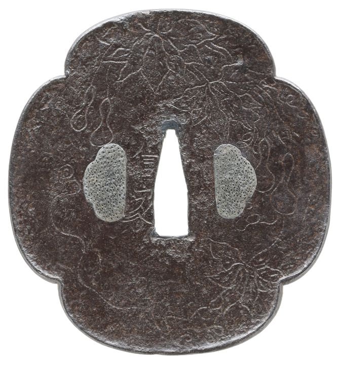 Tsuba - Jūyō - by Nobuie - Gourd and Arabesque Design, Signed Nobuie