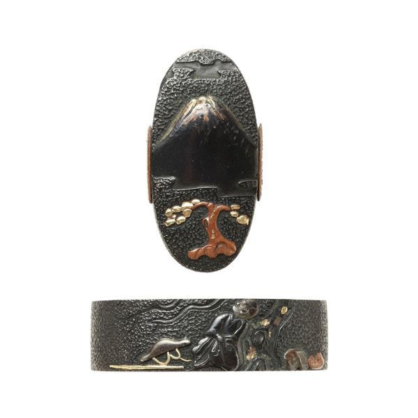 富士見西行図縁頭 銘 杉谷氏需 松旭斎拵用金具