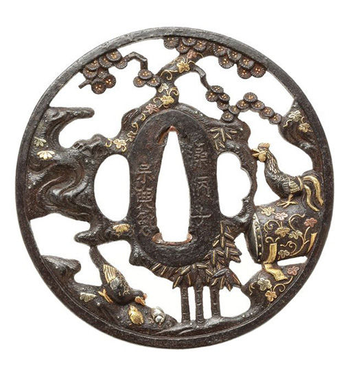諫鼓鶏図透鐔 銘 江州彦根住 藻柄子宗典製