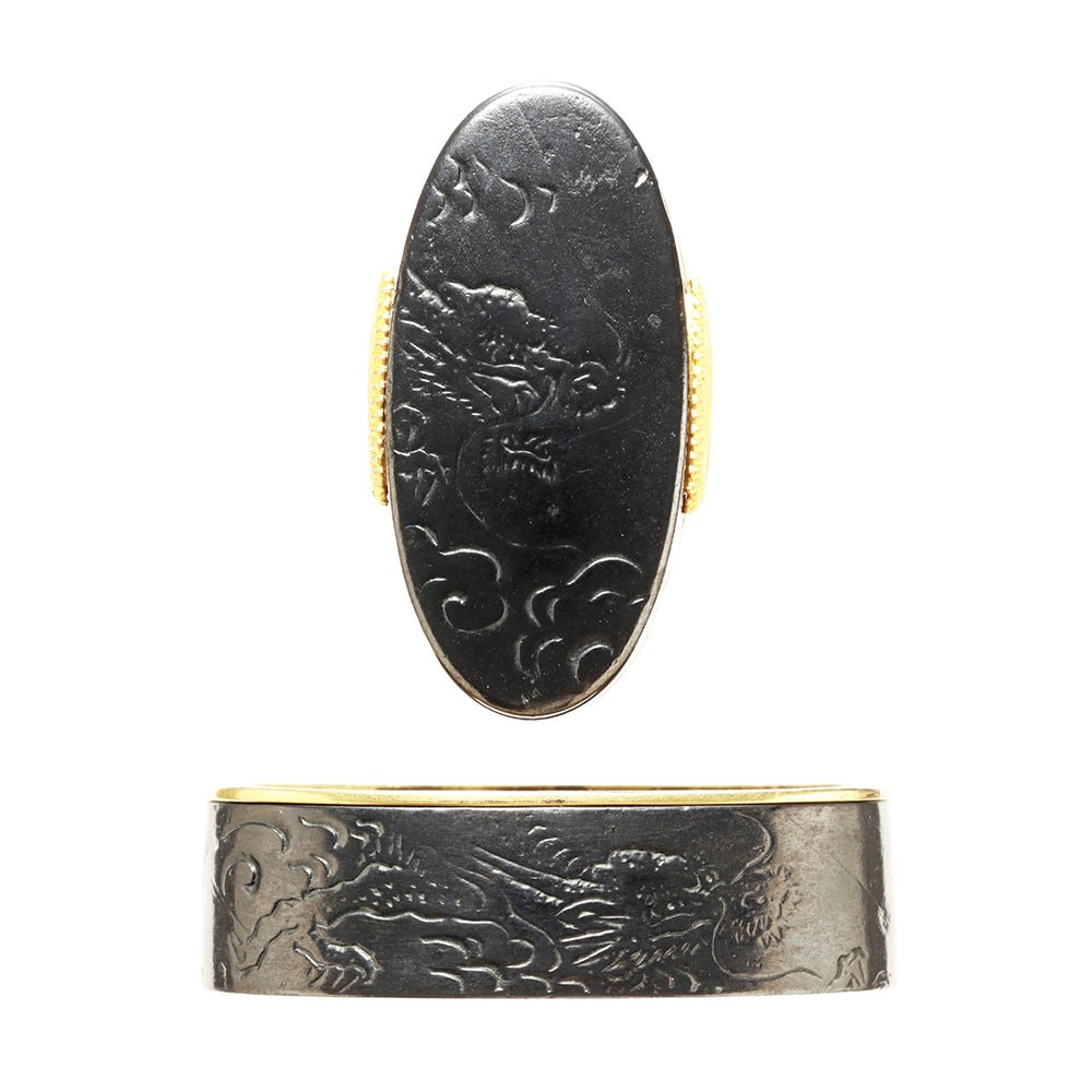 Fuchi-Kashira - Tokuho - by Shonai Arichika - Fuchi-Kashira: Dragon and Cloud Design, Signed Arichika