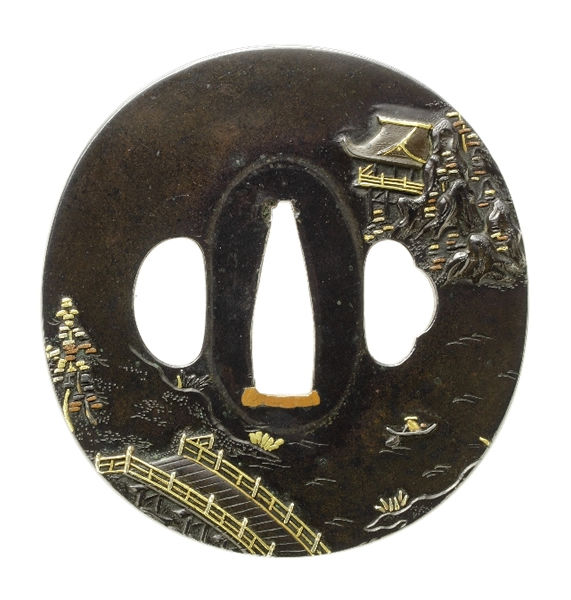 Tsuba - Hozon - by Nara School - Landscape with Pavilions - Signed Toshiharu