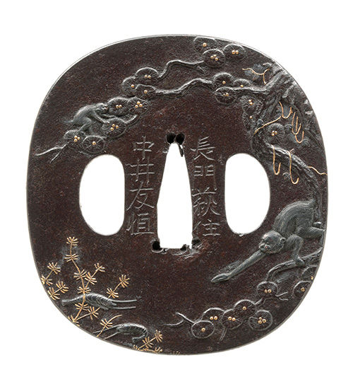 Tsuba - Tokuho - by Choshu Tomotsune - Nakai Tomotsune of Nagato Hagi - Design of Monkey Catching Shrimp
