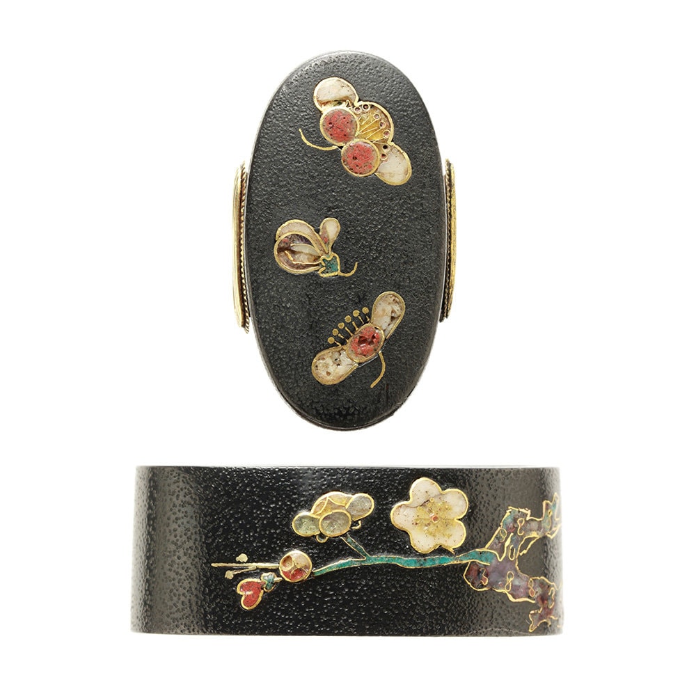 Fuchi-Kashira - Tokuho - by Hirata-Edo Narisuke - Fuchi-Kashira: Plum Blossom Shippo Zogan - Signed Hirata Nariaki