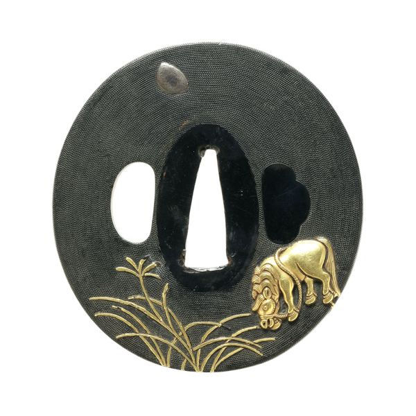 Tsuba - Hozon - Horse Tethered Under the Moon, Unsigned Yanagawa School