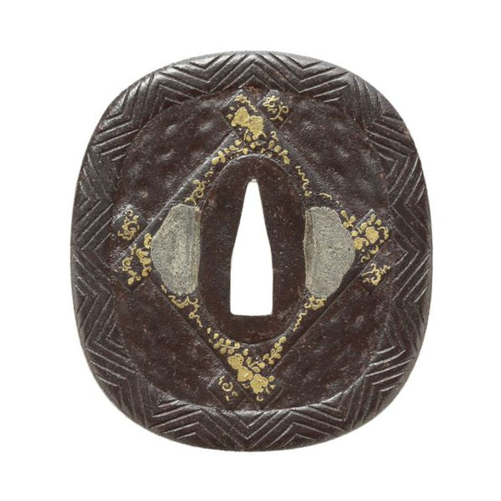 Tsuba - Chrysanthemum and Masu-gata with Paulownia Arabesque Design - Mumei, Edo Higo Koshirae Fittings