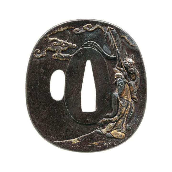 Tsuba - Tsuba with Kibi Daijin Nyuto Emaki Design, Mumei, Mito Kinko for Koshirae