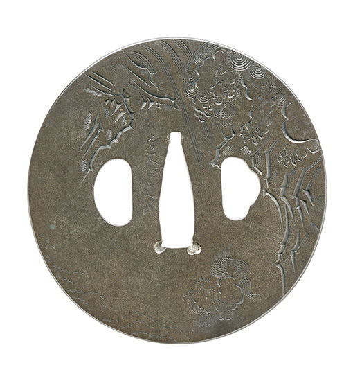 獅子児落図鐔 銘 菊池常定(花押)