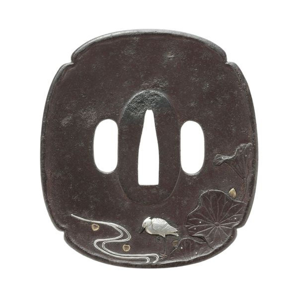 Tsuba - by Ichijo School - 蓮に鷺(一路連科)図鍔(鐔) 無銘 後藤一乗派