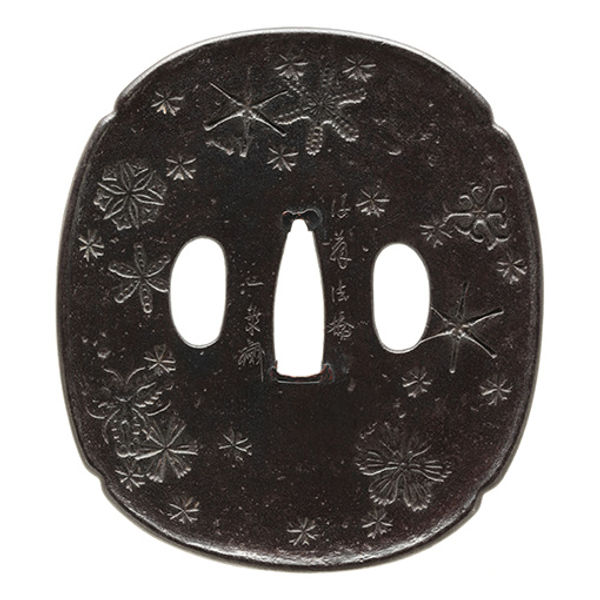 Tsuba - 作 後藤一乗 - 雪華文散図鐔 銘 後藤法橋一乗(花押)