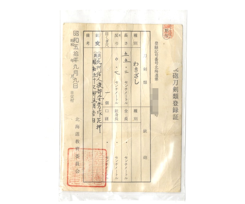 脇差 北州住人渡辺安秀 (花押) (堀井俊秀の門人) 昭和五十乙卯五月吉日