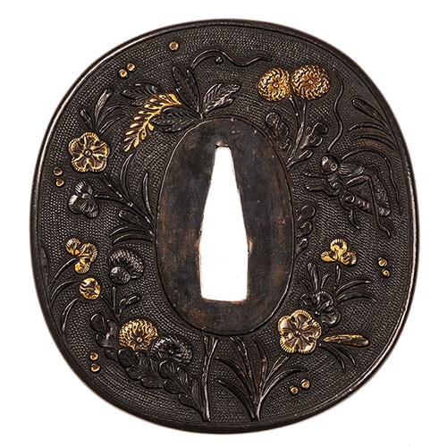 Tsuba - Tokuho - by Mino School - Mino Tsuba: Autumn Grass and Insect Design, Tokubetsu Hozon Tosogu