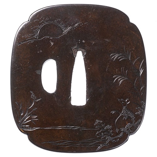 水戸 月夜狸図鍔/鐔 保存刀装具