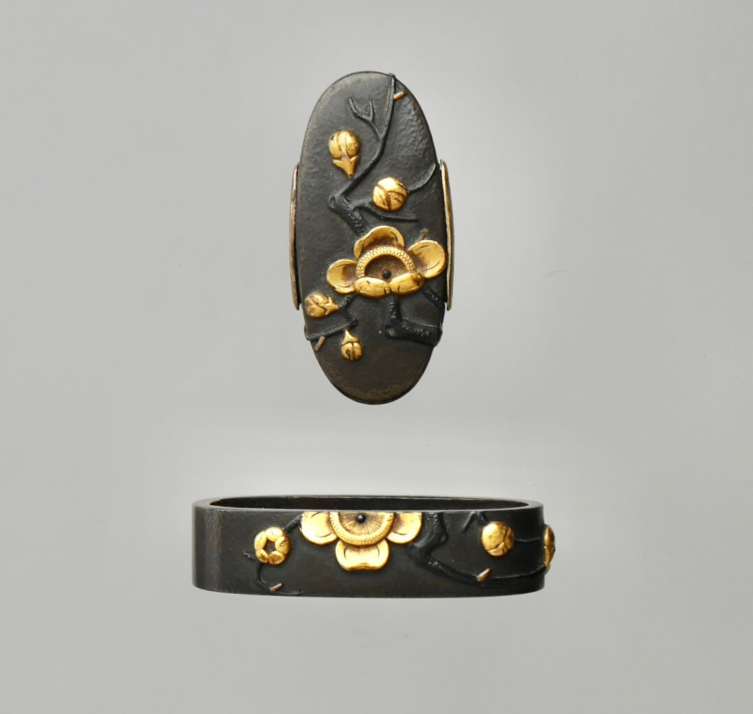 Fuchi-Kashira - Hozon - by Omori Terumasa - Fuchi-Kashira with Plum Tree Design