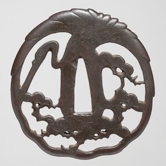 Tsuba - by Nishigaki School - Higo Nishigaki Tsuba with crane and pine tree
