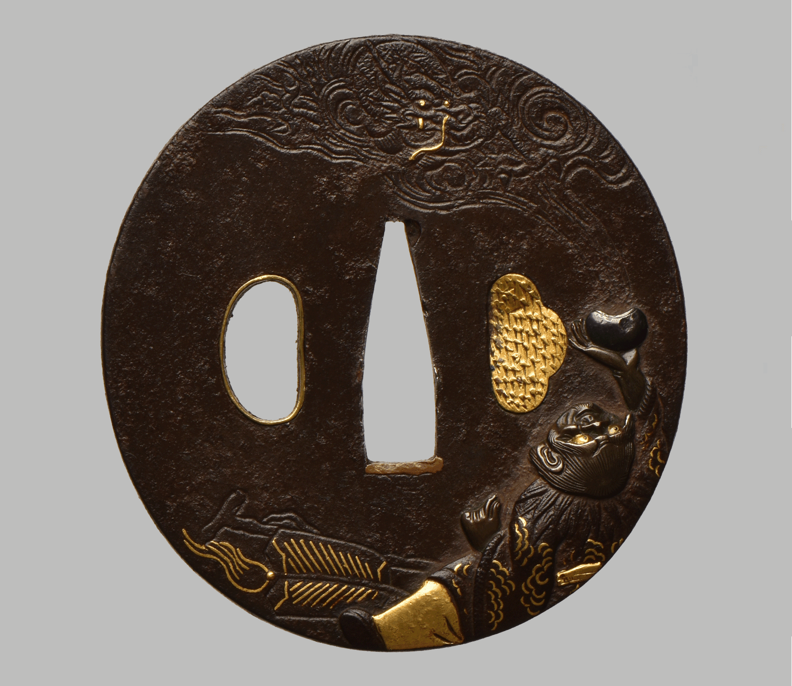 Kopie Tsuba Mito (馬師皇) Hotei with Dragon Shakudo Gold and Silver