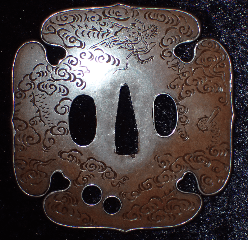 Tsuba - by Iyo Shoami School - Iyo Shoami Tachi Tsuba with Dragon Design and NTHK Certificate