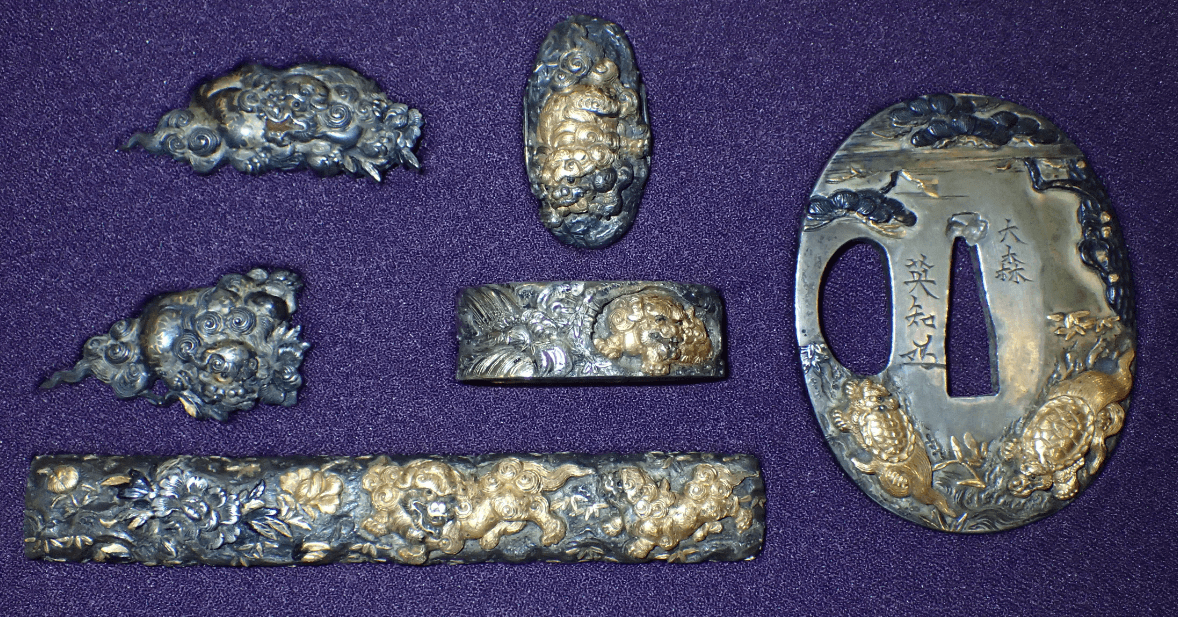 A set of Omori Terutomo FITTINGS ,Tsuba, Fuchi Kashira, Menuki WITH NTHK NPO CERTIFICATE