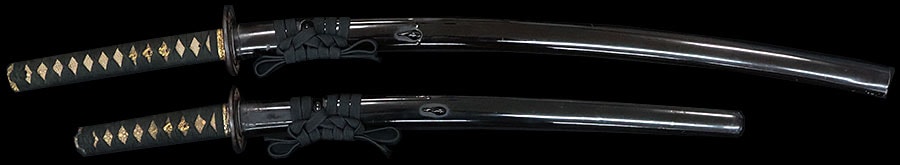 無銘 金房(古刀)・一 出羽守行廣(江戸期の赤坂大小鍔付き黒ロー鞘付大小拵) Kinbo Dewanokami Yukihiro