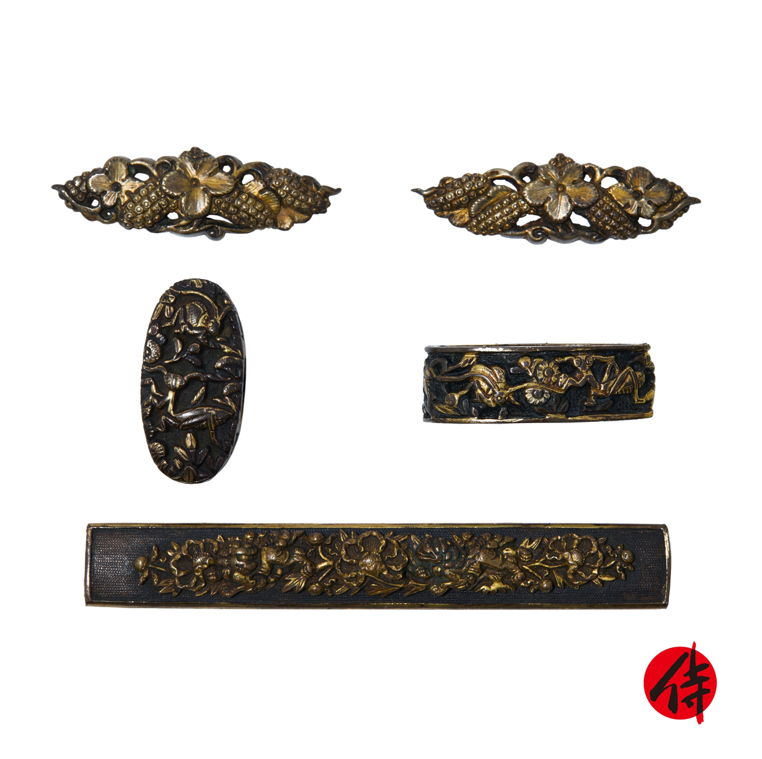 Fuchi-Kashira - A set of antique Menuki, Kozuka, and Fuchi-Kashira for Samurai Sword