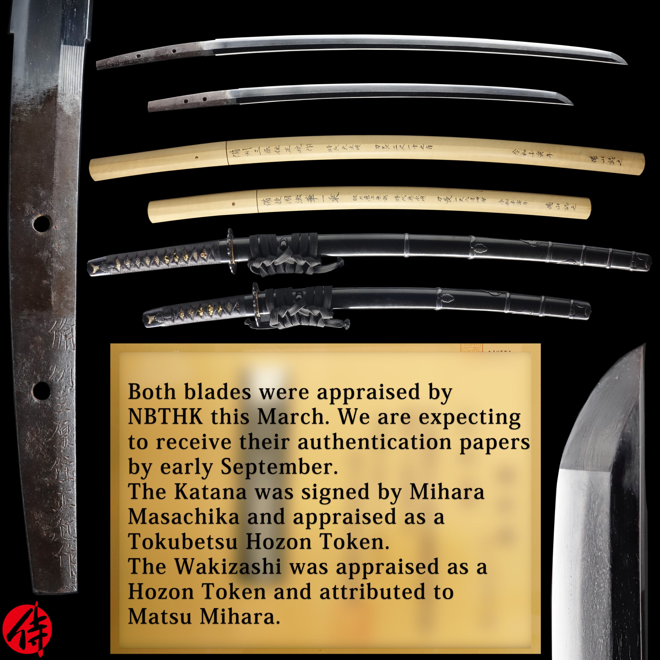Antique Japanese Sword Daisho Signed by Mihara Masachika/Attributed to Matsu Mihara NBTHK Tokubetsu Hozon Certificate and Hozon Certificate