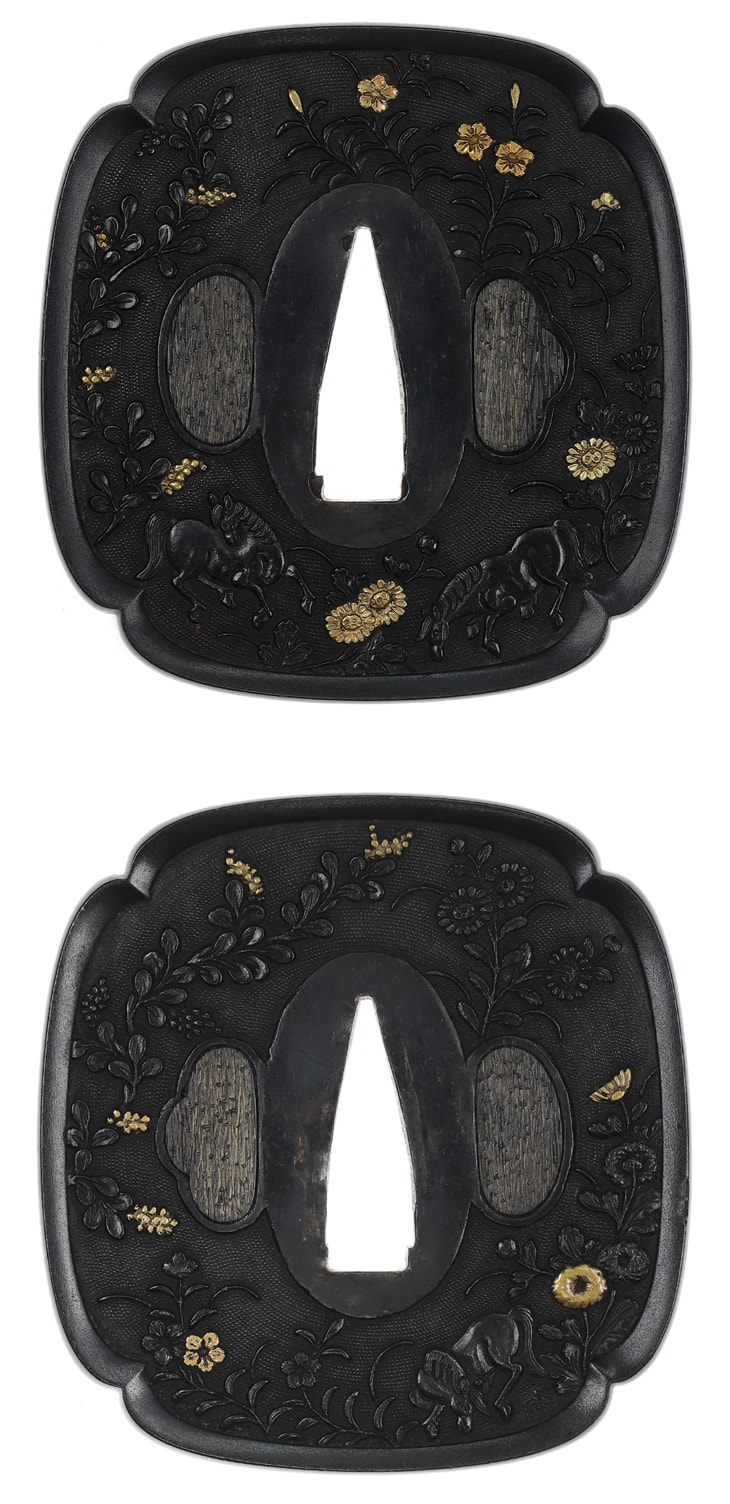Tsuba - Tokuho - by Mino School - Autumn Grass and Playing Horses Design