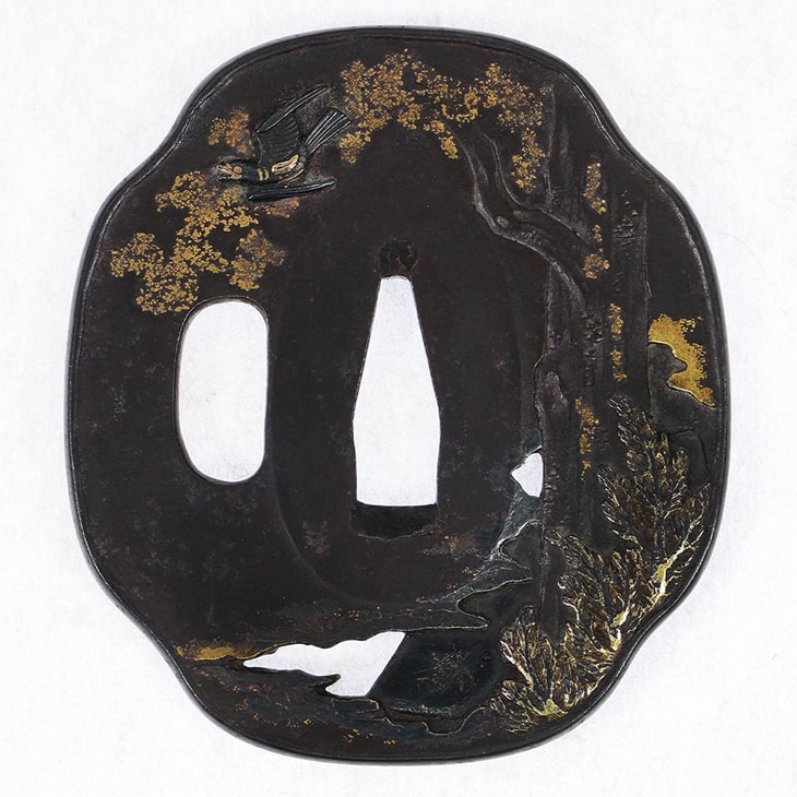 Tsuba - Hozon - by Toryusai School - 鍔:杉樹時鳥図