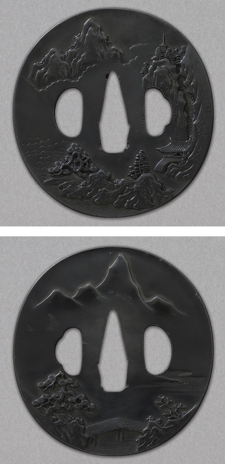 Tsuba - Hozon - by Choshu School - Rokaku Sansui Zu