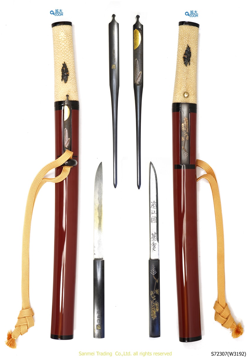 S72307(W3192) Sun-nobi Tanto signed MOTOSHIGE Hori-dōsaku A day in February Heisei 9th with) Brownish grape-colored lacquered scabbard Aikuchi style Koshirae