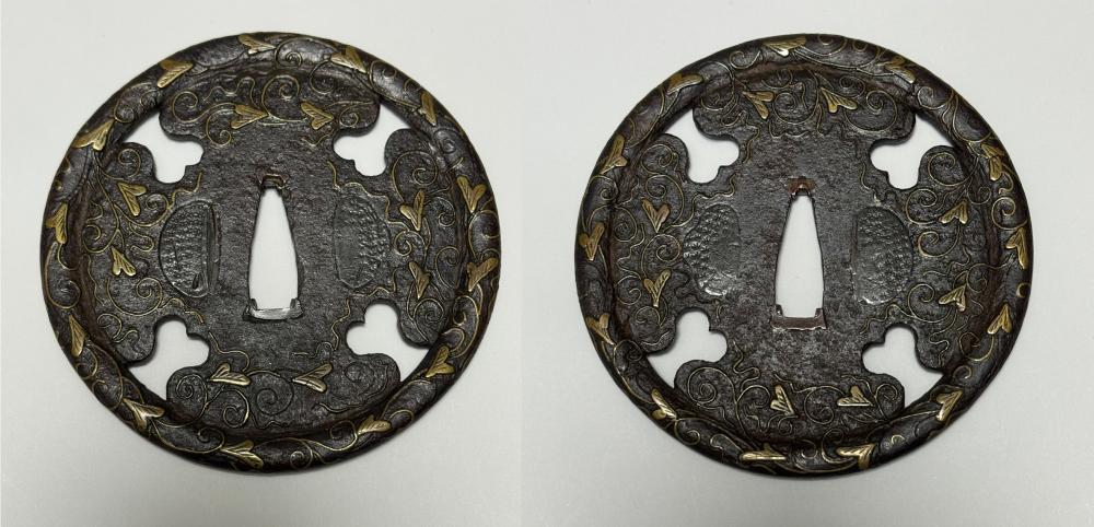 鐔 無銘 平安城象嵌 刳込木瓜透唐草図 / Tsuba Mumei Heianjyo Zogan