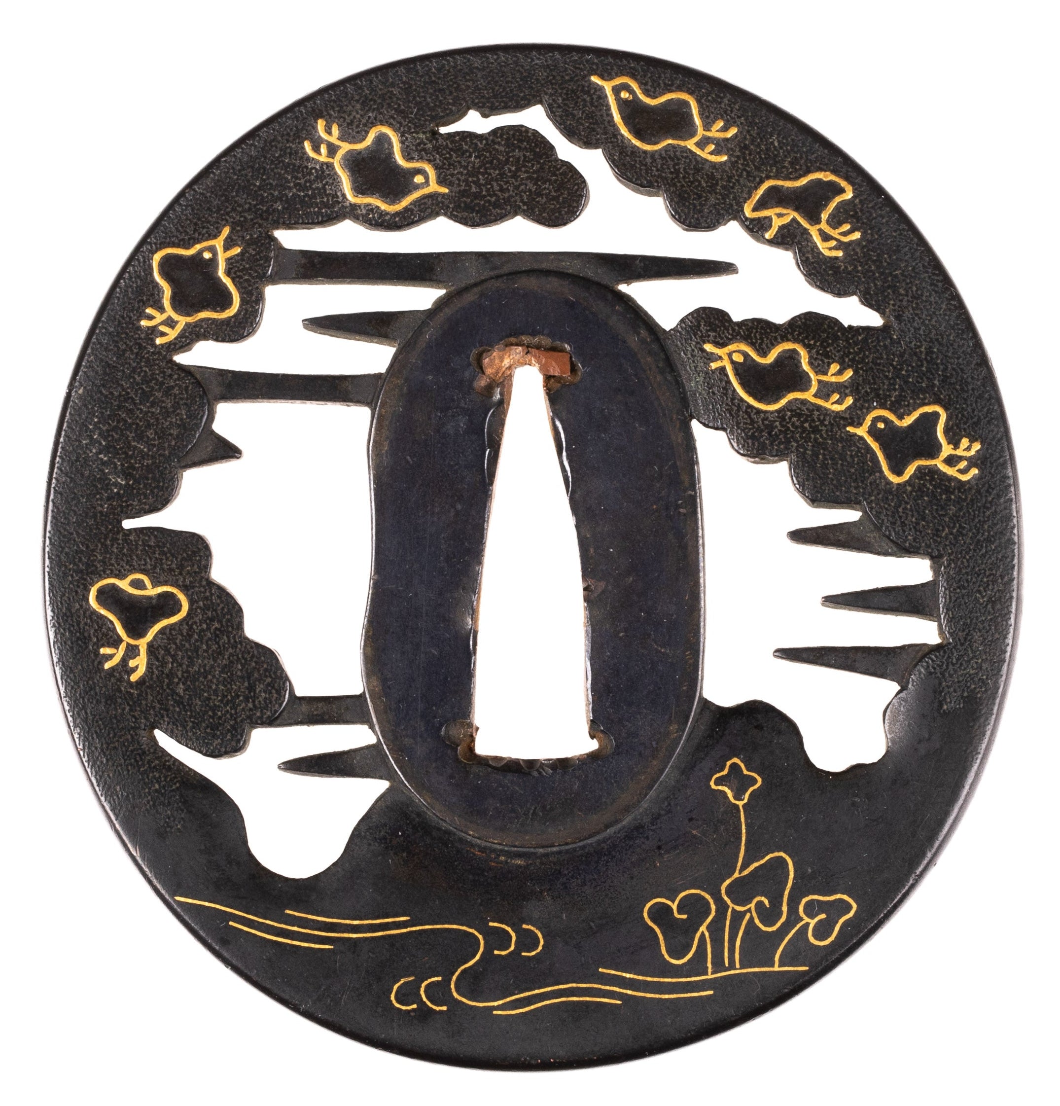 Tsuba - by Kiyosada - Shakudo Kusakari Kiyosada School Tsuba decorated with plovers