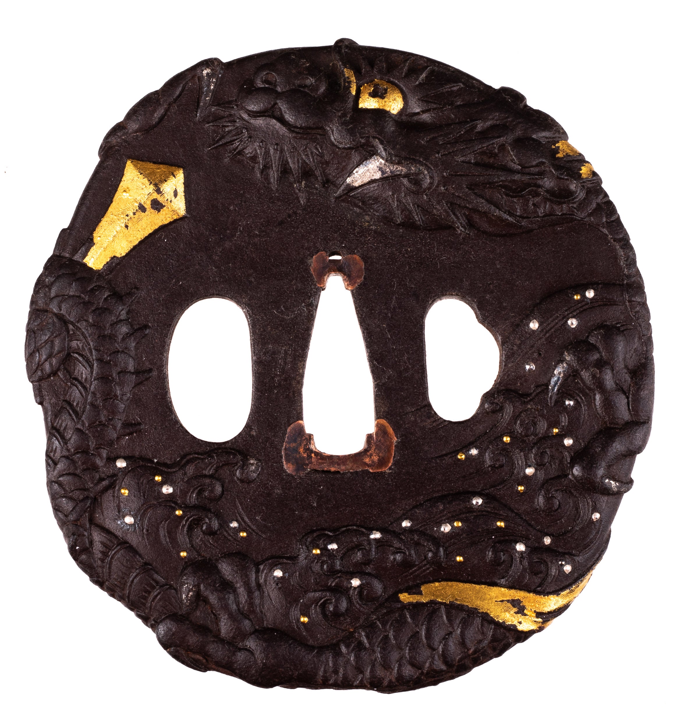 Iron tsuba decorated with dragon and waves