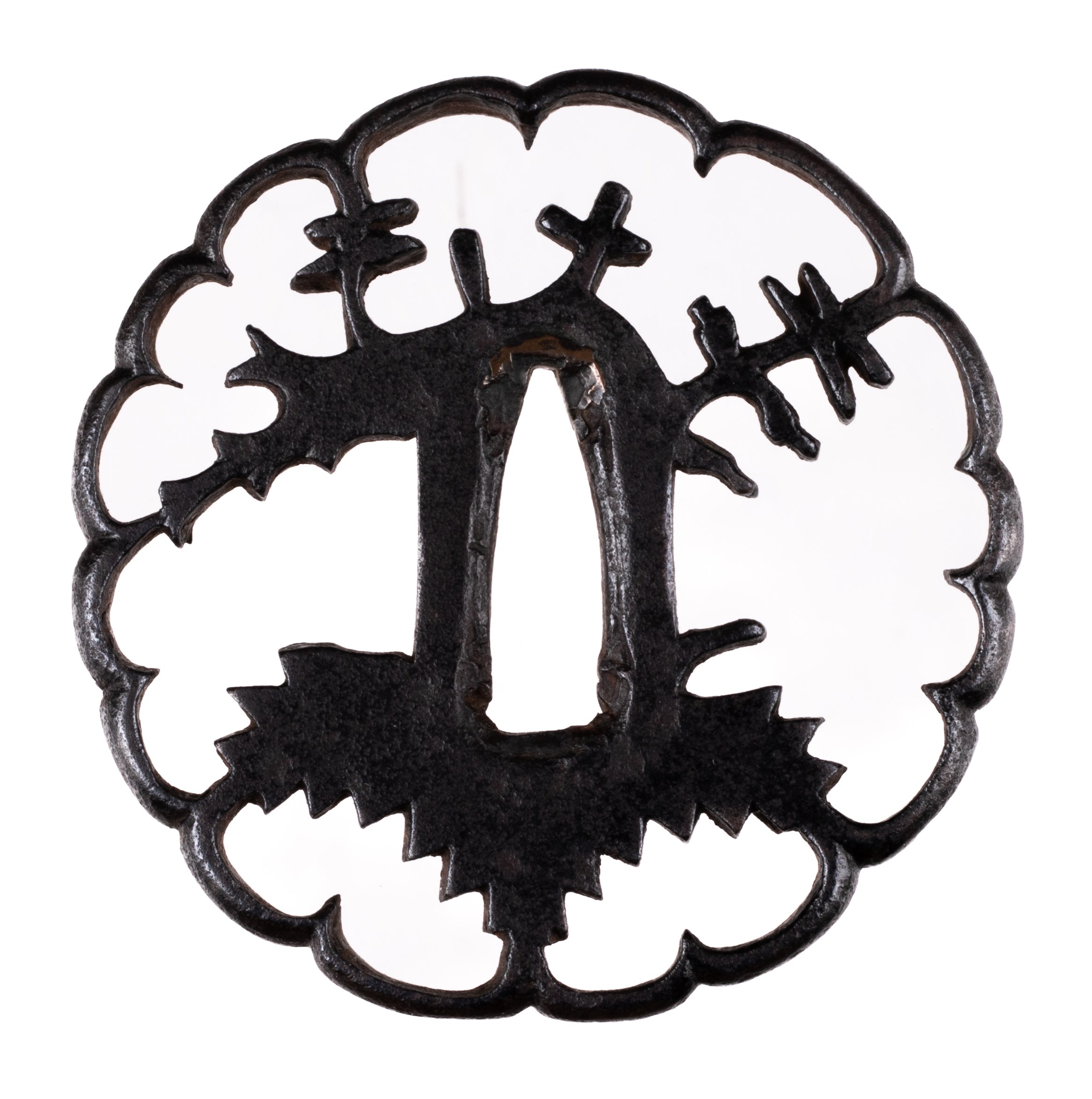 Iron sukashi tsuba by Akasaka School with NBTHK Hozon Tosogu paulownia