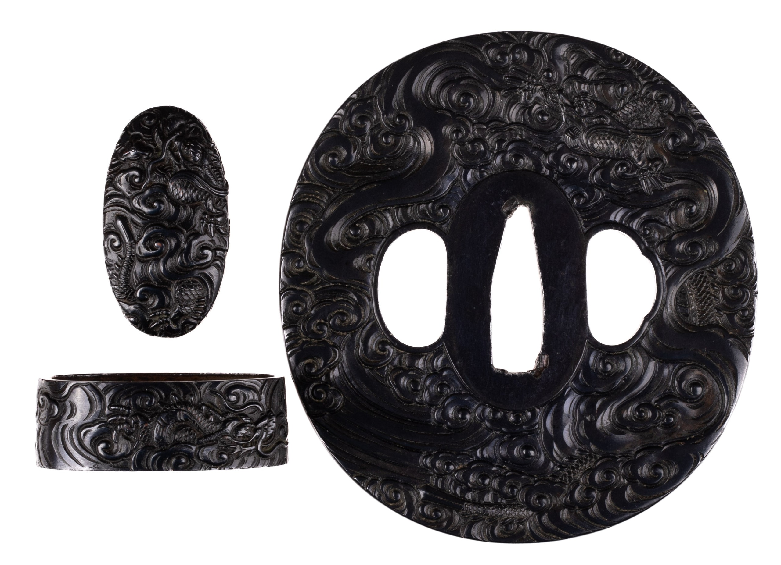 Dragon Shakudo Satsuma Tsuba with NBTHK Tokubetsu Hozon Tosogu Fuchikashira