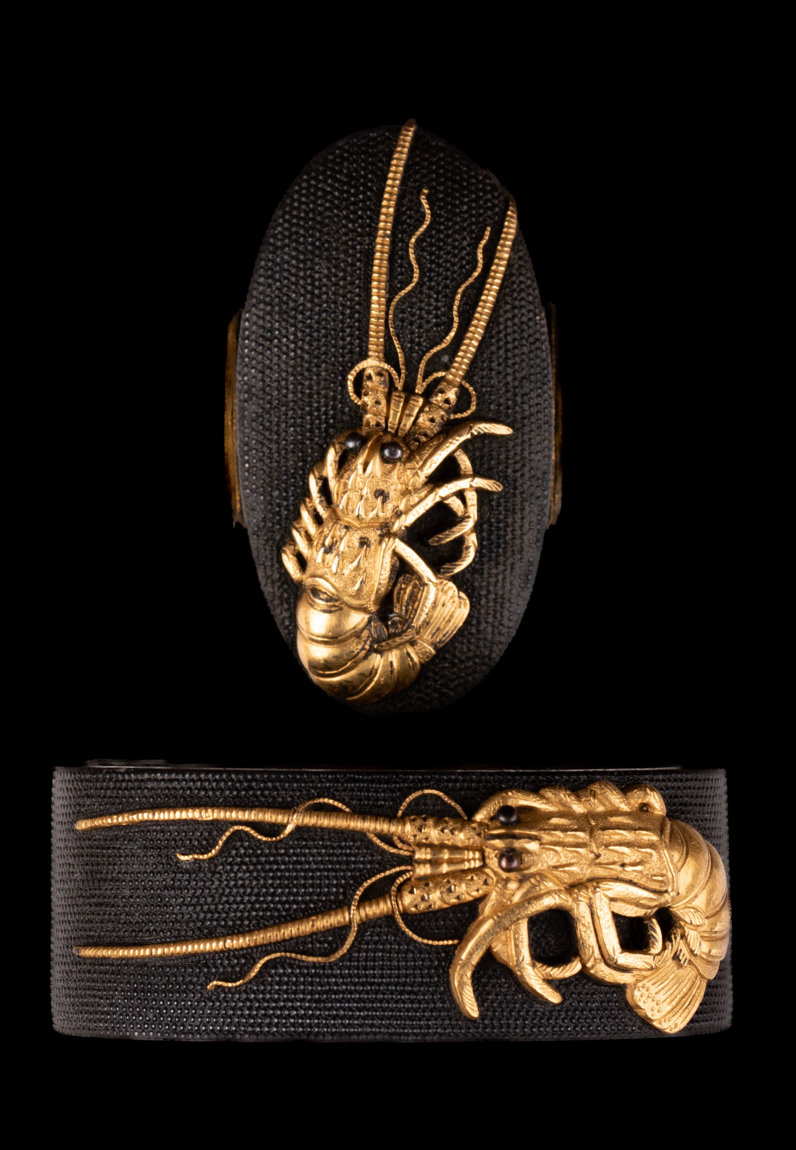 Shakudo nanako fuchikashira decorated with Ise shrimp (spiny lobster)