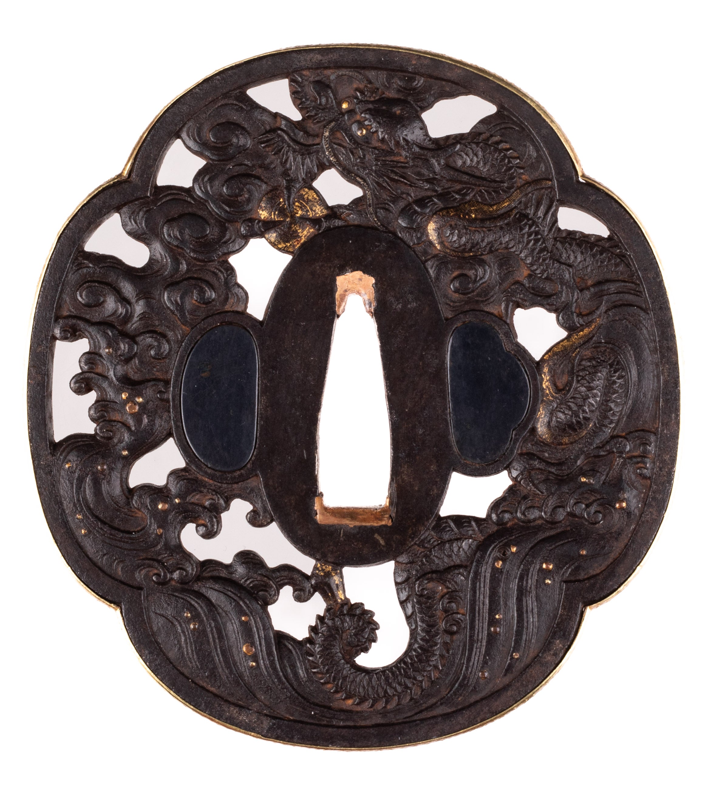 Iron sukashi dragon tsuba with gold rim great for mounting 86 x 80 mm